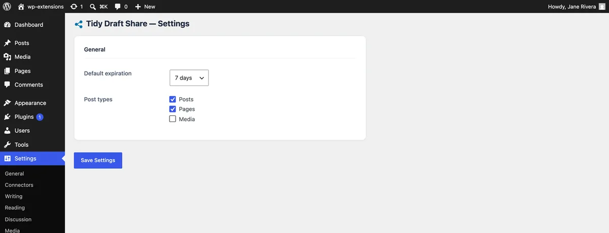 Draft Share settings controlling default expiry and post types